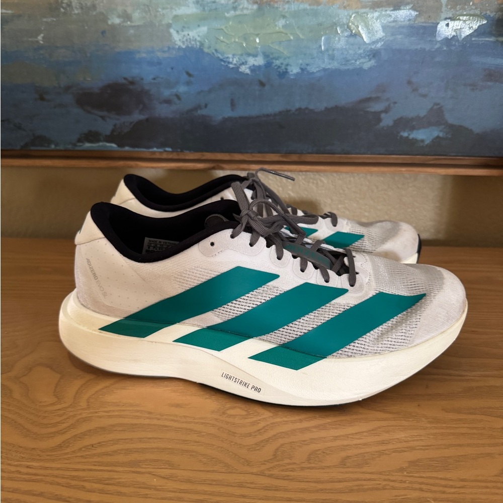 ADIZERO EVO SL SHOES | Men’s size 8 | Cloud White / Pure Teal / Grey Four